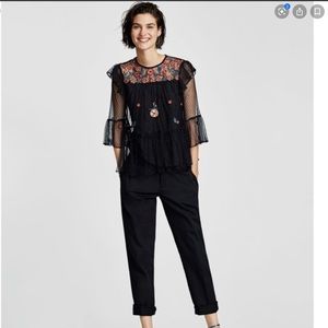Zara Embroidered Blouse with ruffled trims